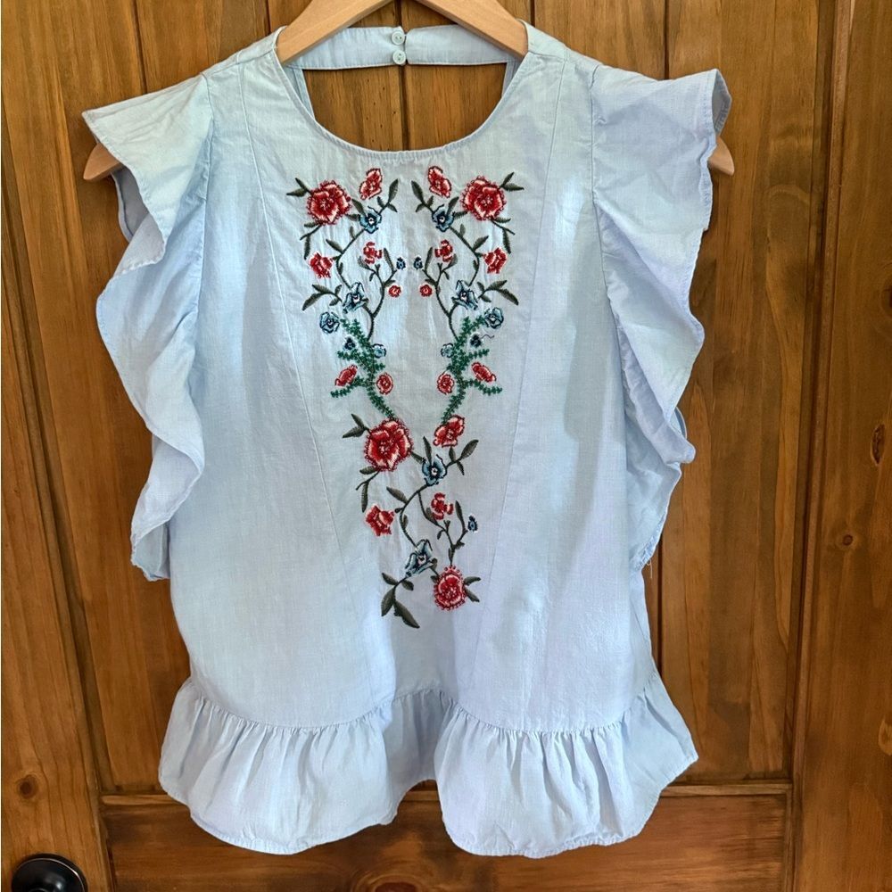 Zara Lightweight Cotton Floral Embroidered/Beaded Ruffle Top in Light Blue